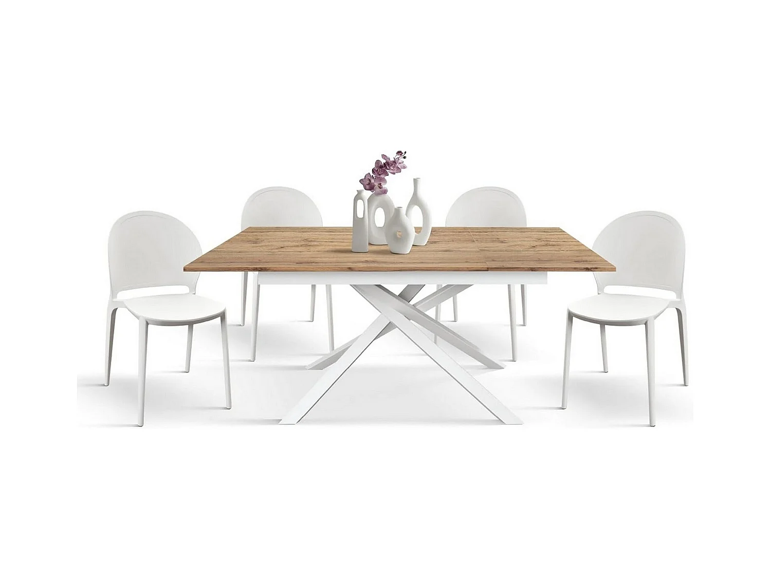 Holztisch, Eiche-Effekt, weiße Basis, 120x80-170x80cm - VOLPAIA