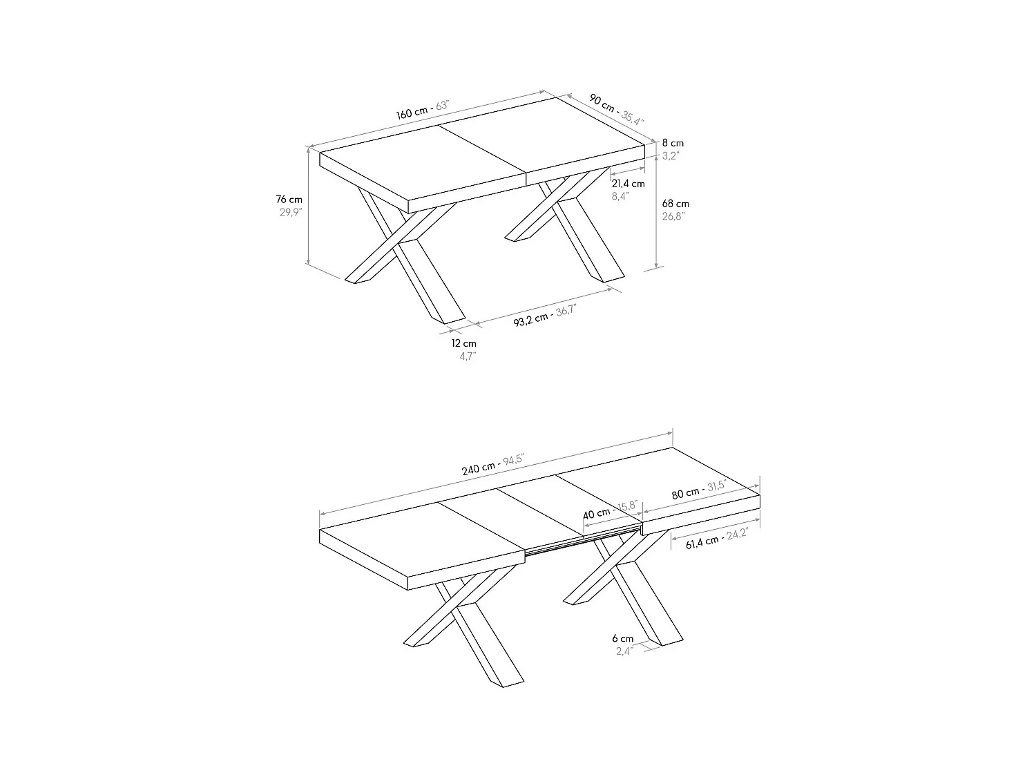 Table à rallonge en bois gris ciment160x90-240x90cm - AMALFI