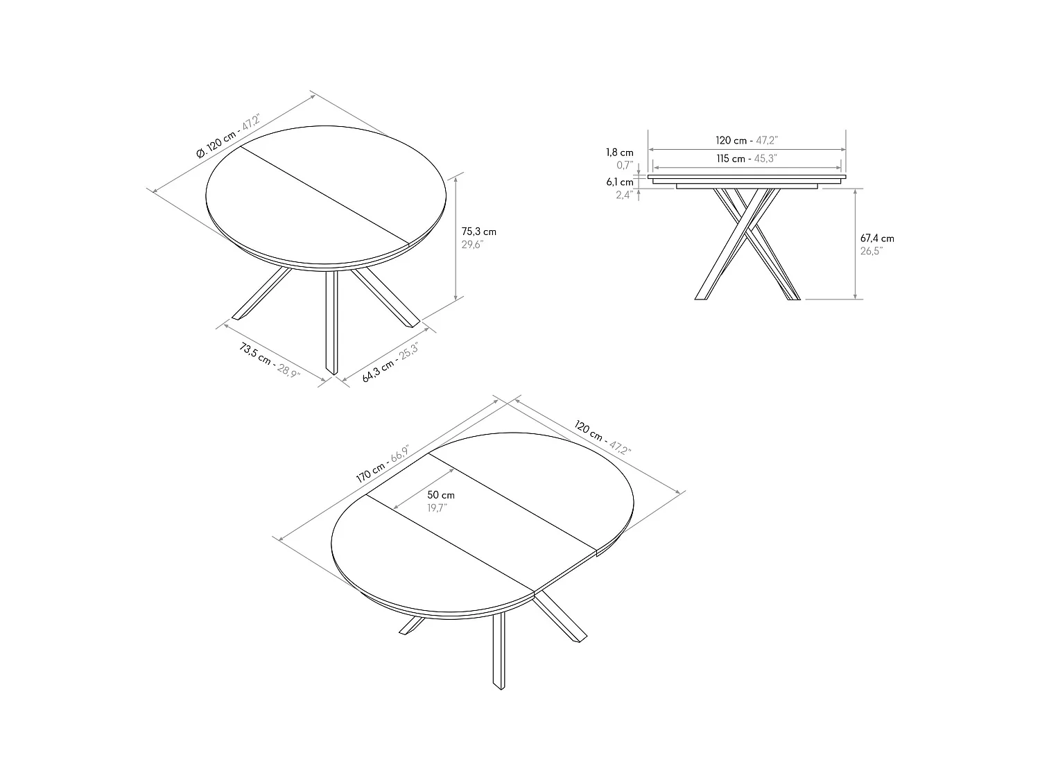 Table ronde gris ciment, pieds en métal anthracite 120-170cm - PANTELLERIA