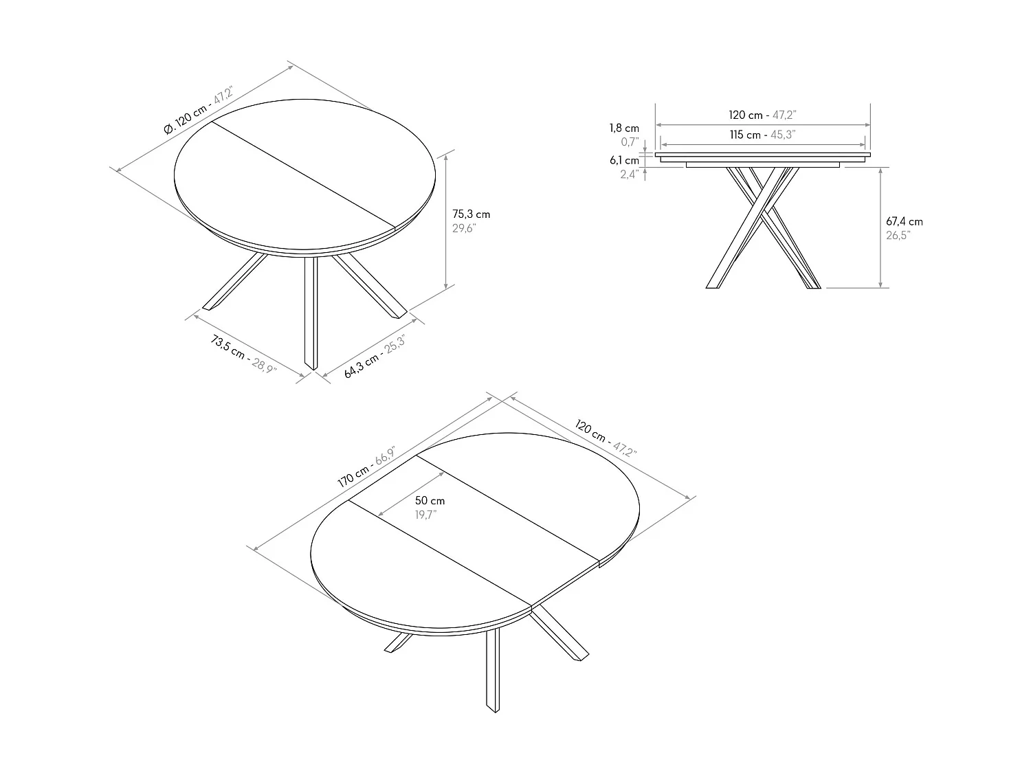 Runder Tisch zementgrau, anthrazitfarbene Metallbeine 120-170cm - PANTELLERIA