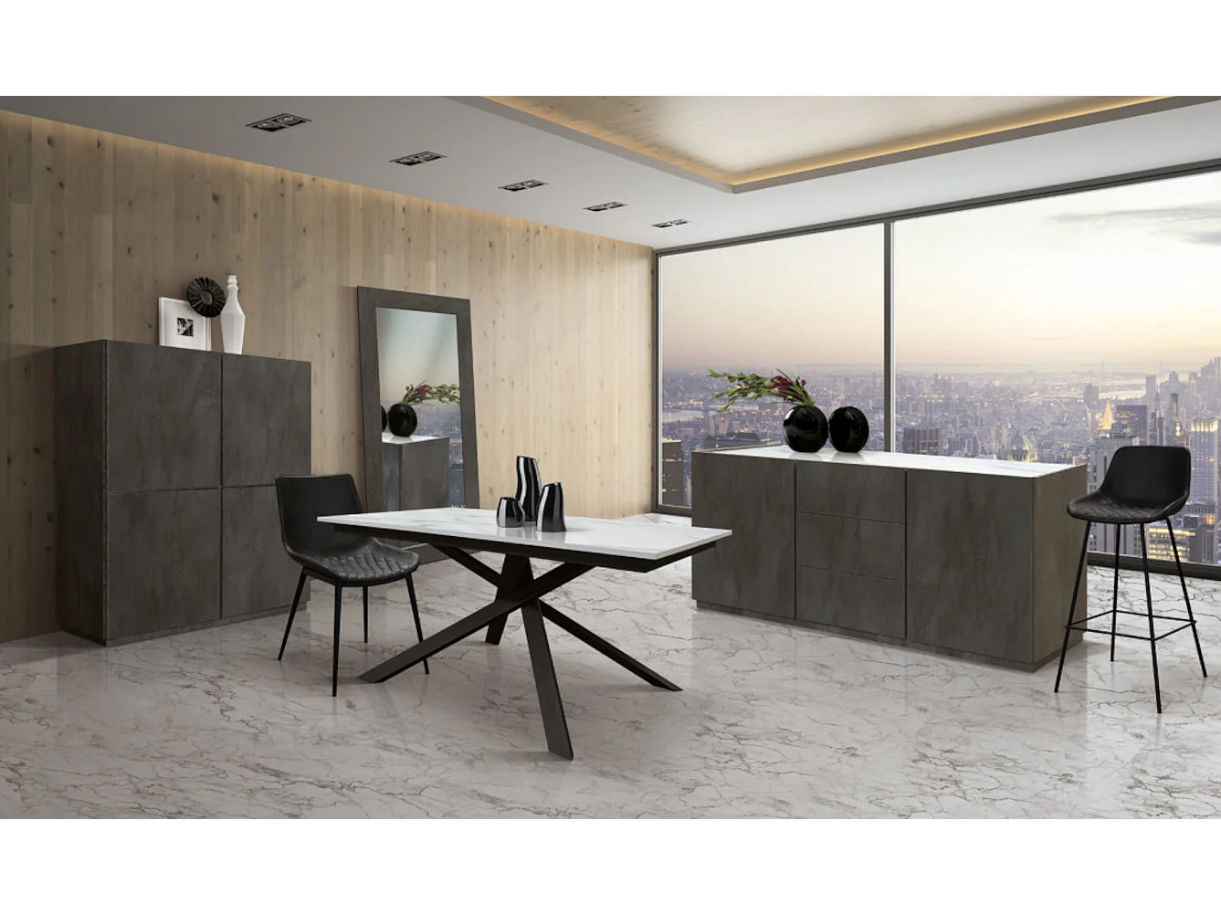 Table en bois, finition marbre blanc, base noire, extensible 120x80 - VOLPAIA