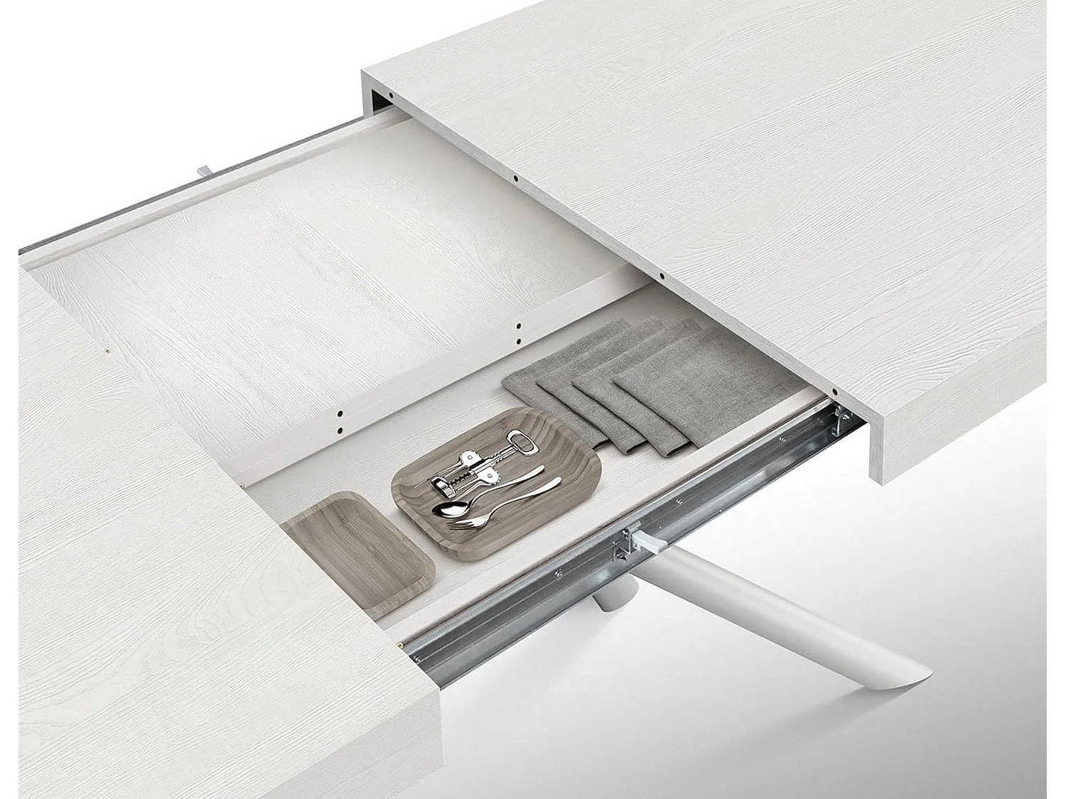 Table en bois, frêne blanc, base blanche, ext.160x90-240x90cm - CARRARA