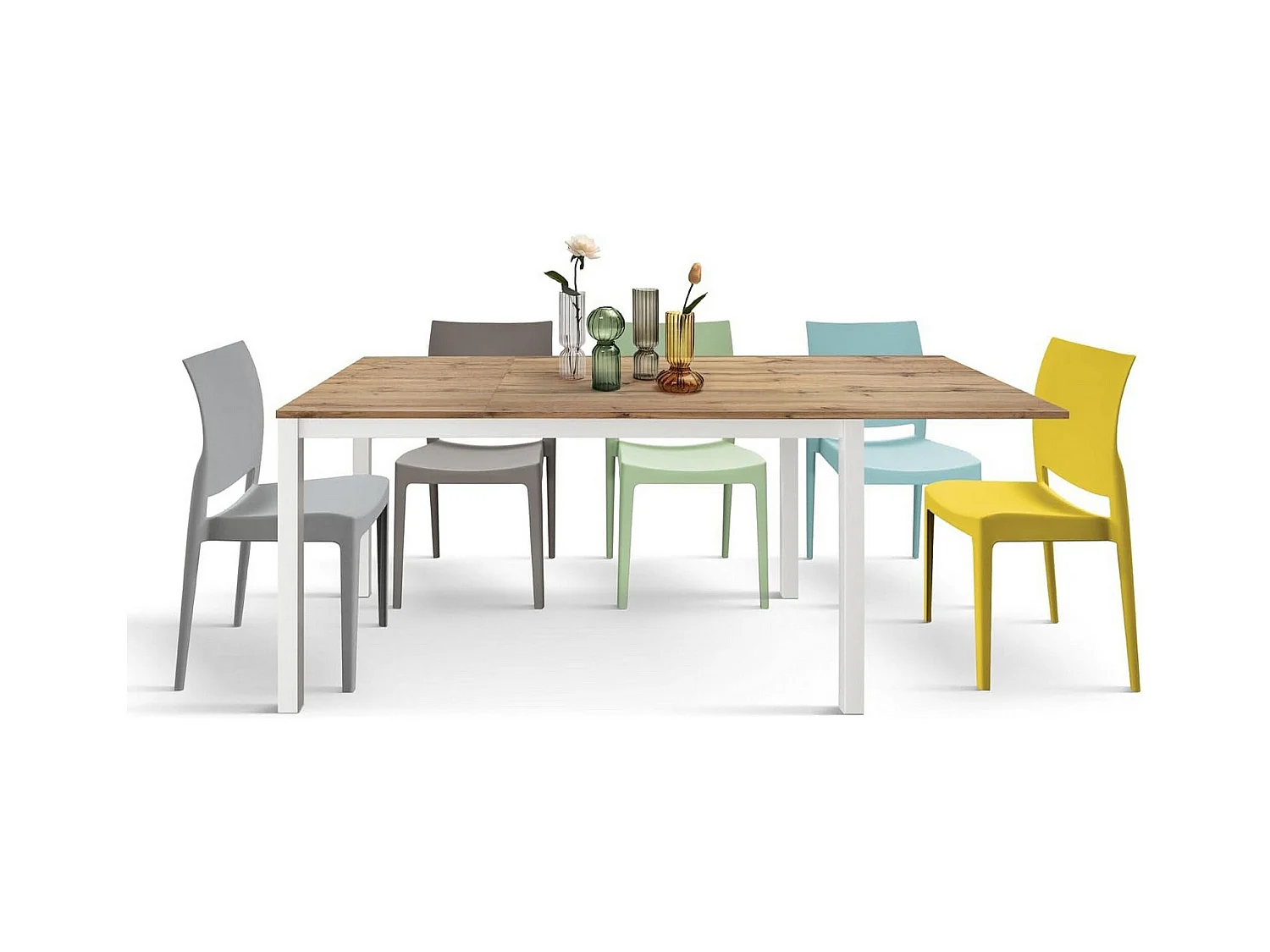 Table en bois, effet chêne, base blanche, ext.120x80-170x80cm - TROPEA