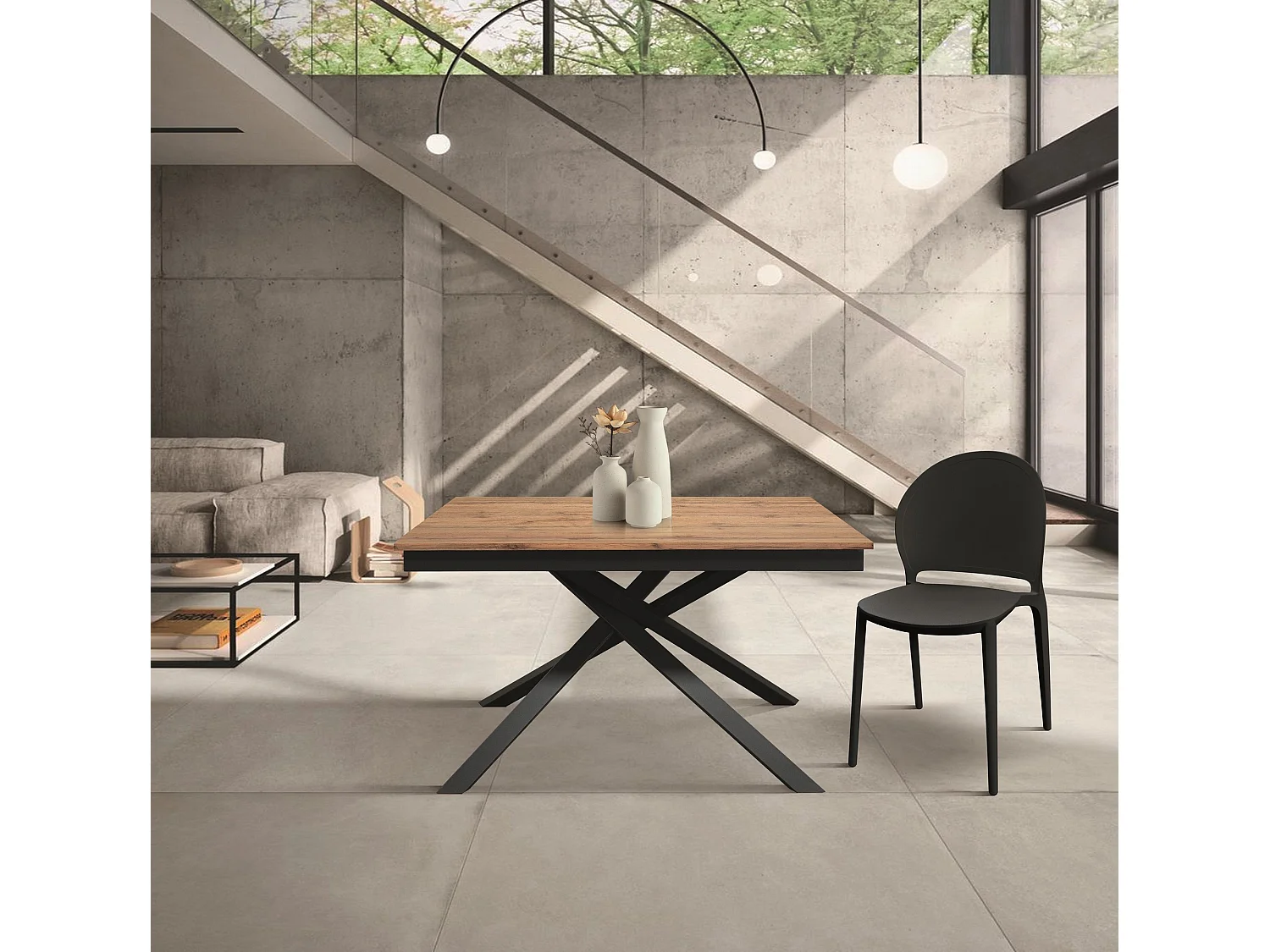 Table en bois, effet chêne, base anthracite, ext.120x80-170x80cm - VOLPAIA