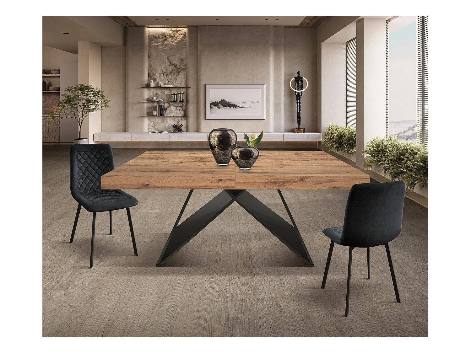 Table en bois, effet chêne, base anthracite, ext.180×90-260×90cm - VULCANO