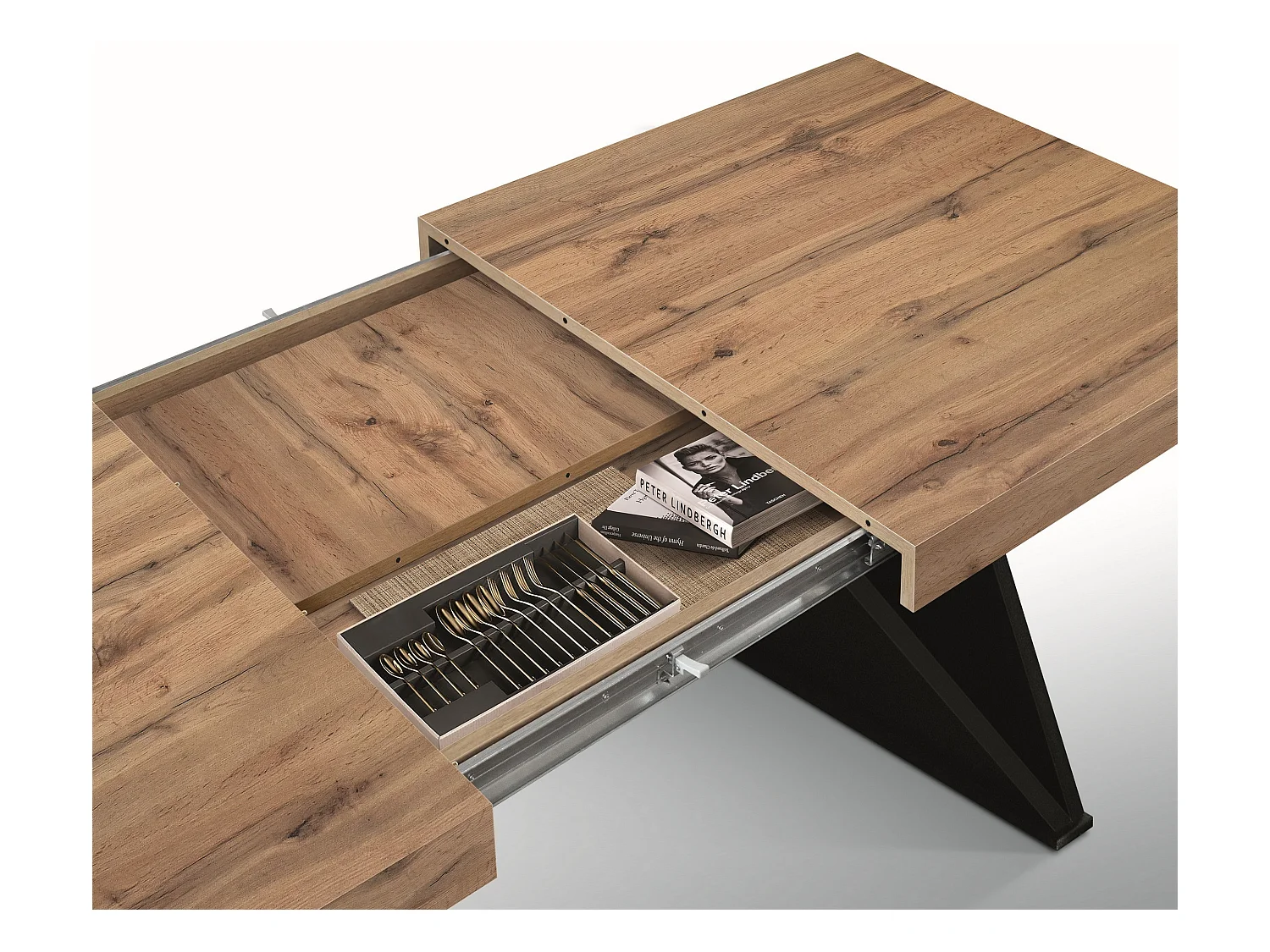 Table en bois, effet chêne, base anthracite, ext.180×90-260×90cm - VULCANO