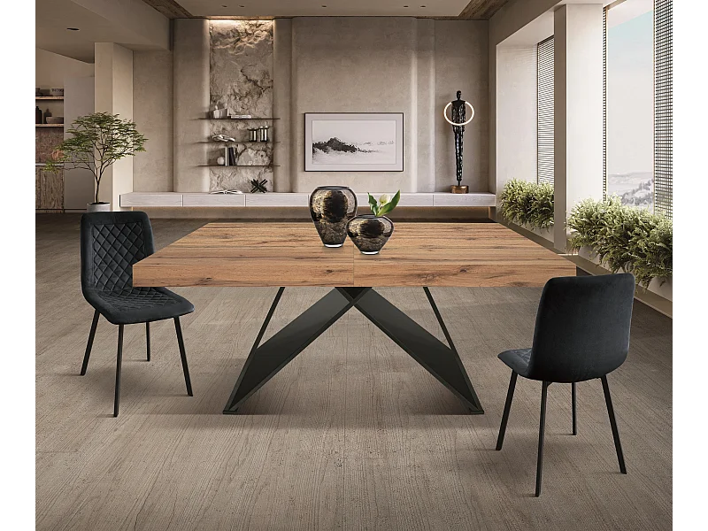 Table en bois, effet chêne, base anthracite, ext.180×90-260×90cm - VULCANO