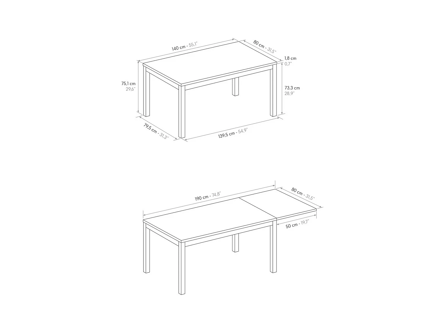 Table en bois, effet chêne, base anthracite, 140x80-190x80cm de long - TROPEA