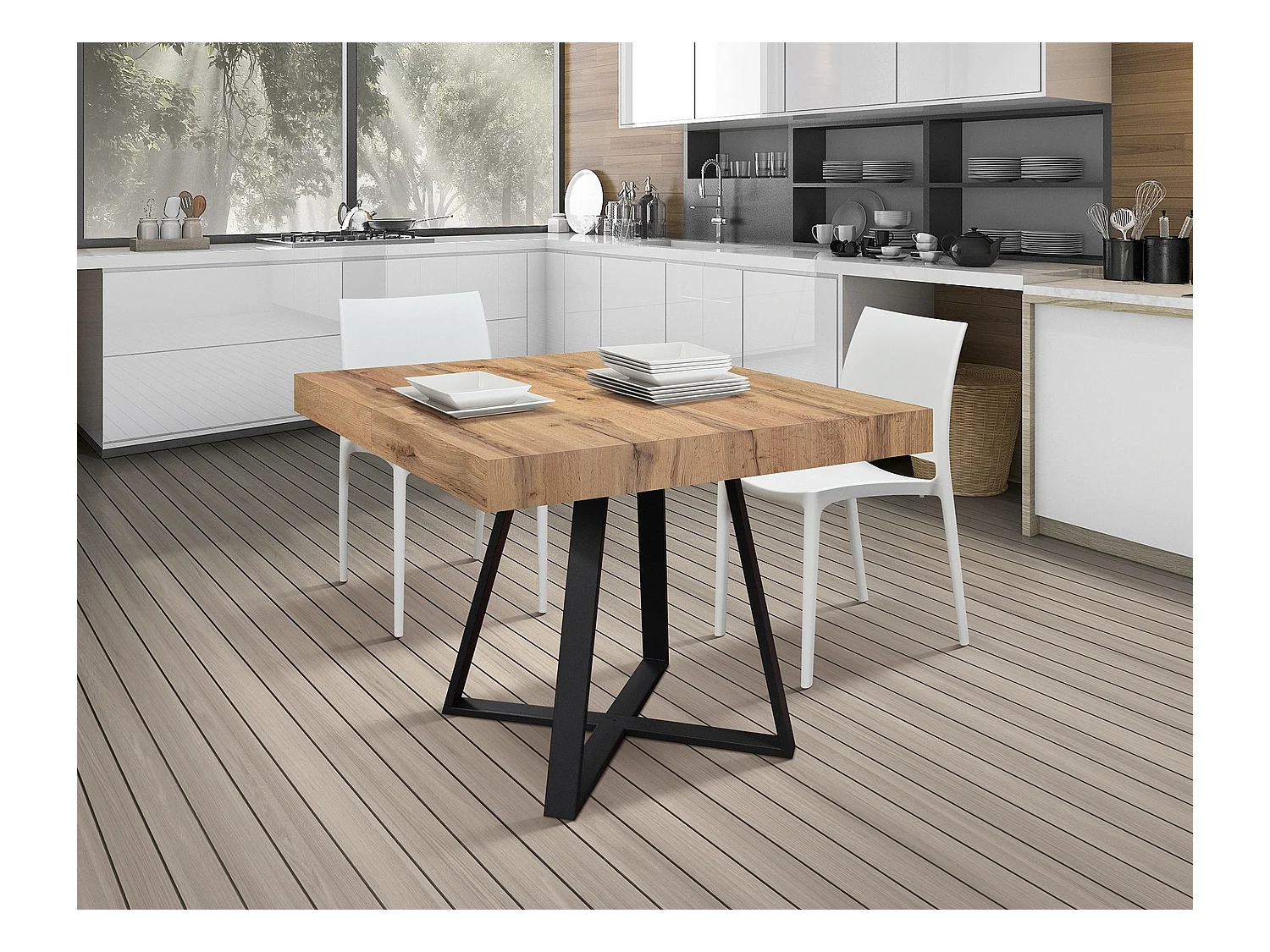 Holztisch, Eiche-Effekt, anthrazitfarbenes Gestell, Länge 95x90-145x90cm - FORTE DEI MARMI