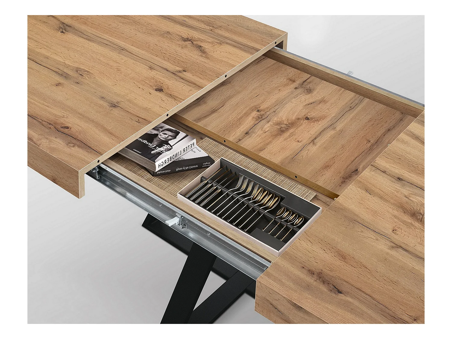 Holztisch, Eiche-Effekt, anthrazitfarbenes Gestell, Länge 95x90-145x90cm - FORTE DEI MARMI