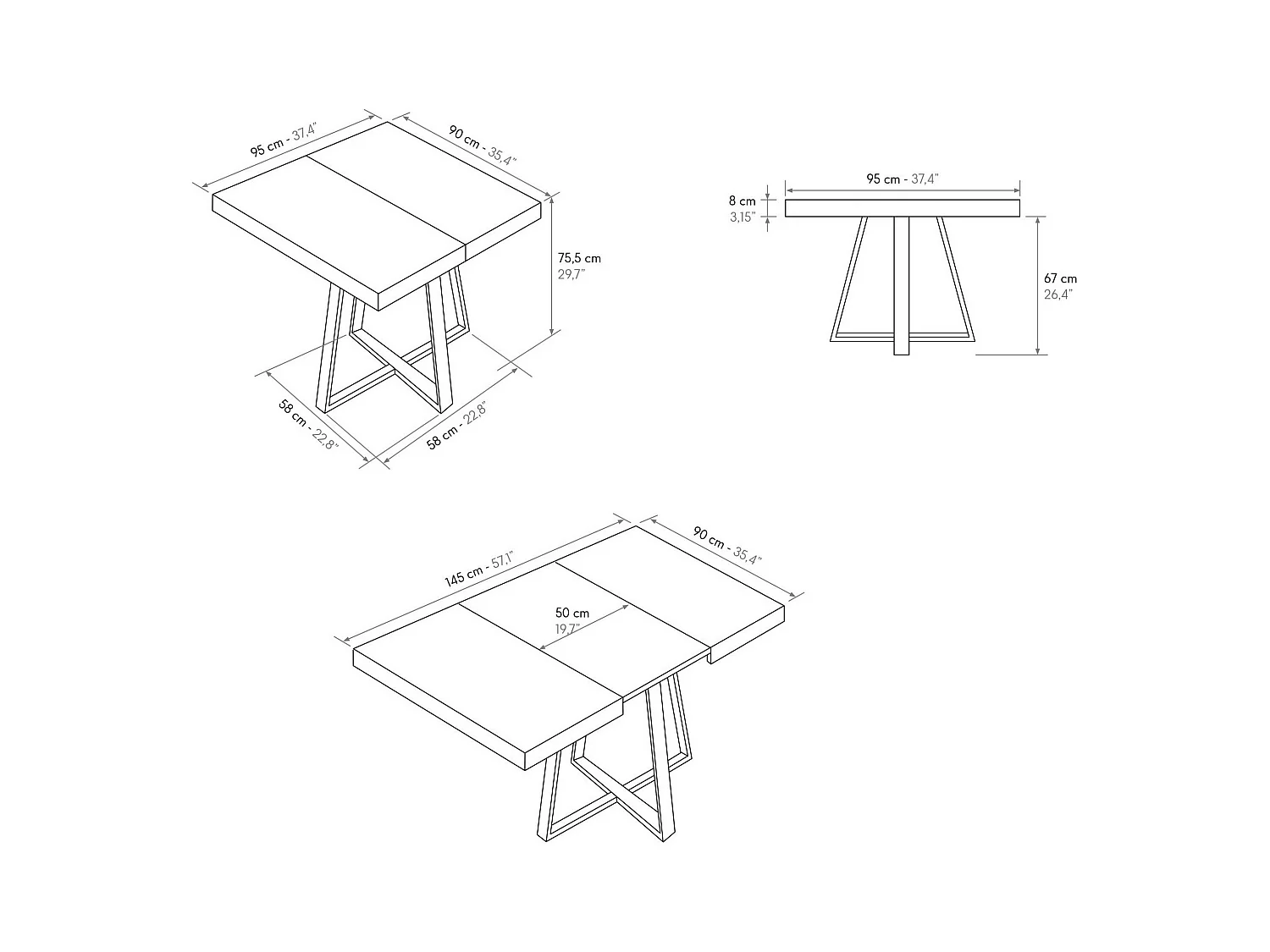 Holztisch, Eiche-Effekt, anthrazitfarbenes Gestell, Länge 95x90-145x90cm - FORTE DEI MARMI