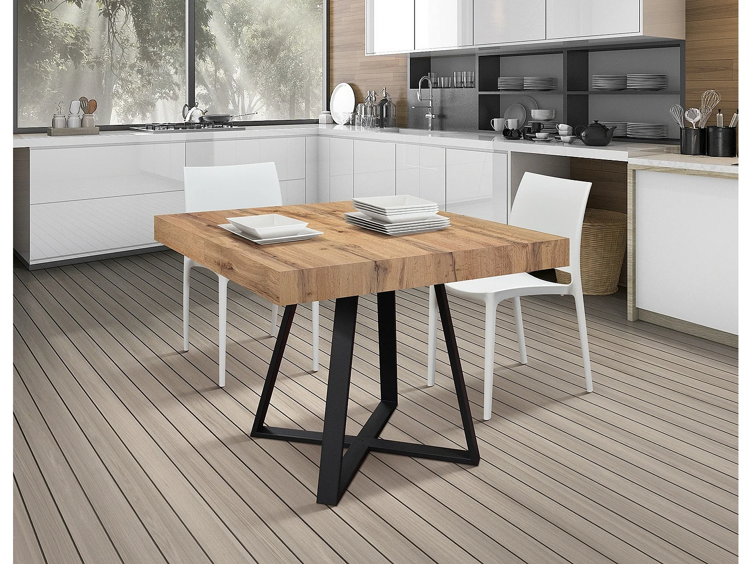 Mesa de madera,efecto roble,base antracita,largo 95x90-145x90cm - FORTE DEI MARMI