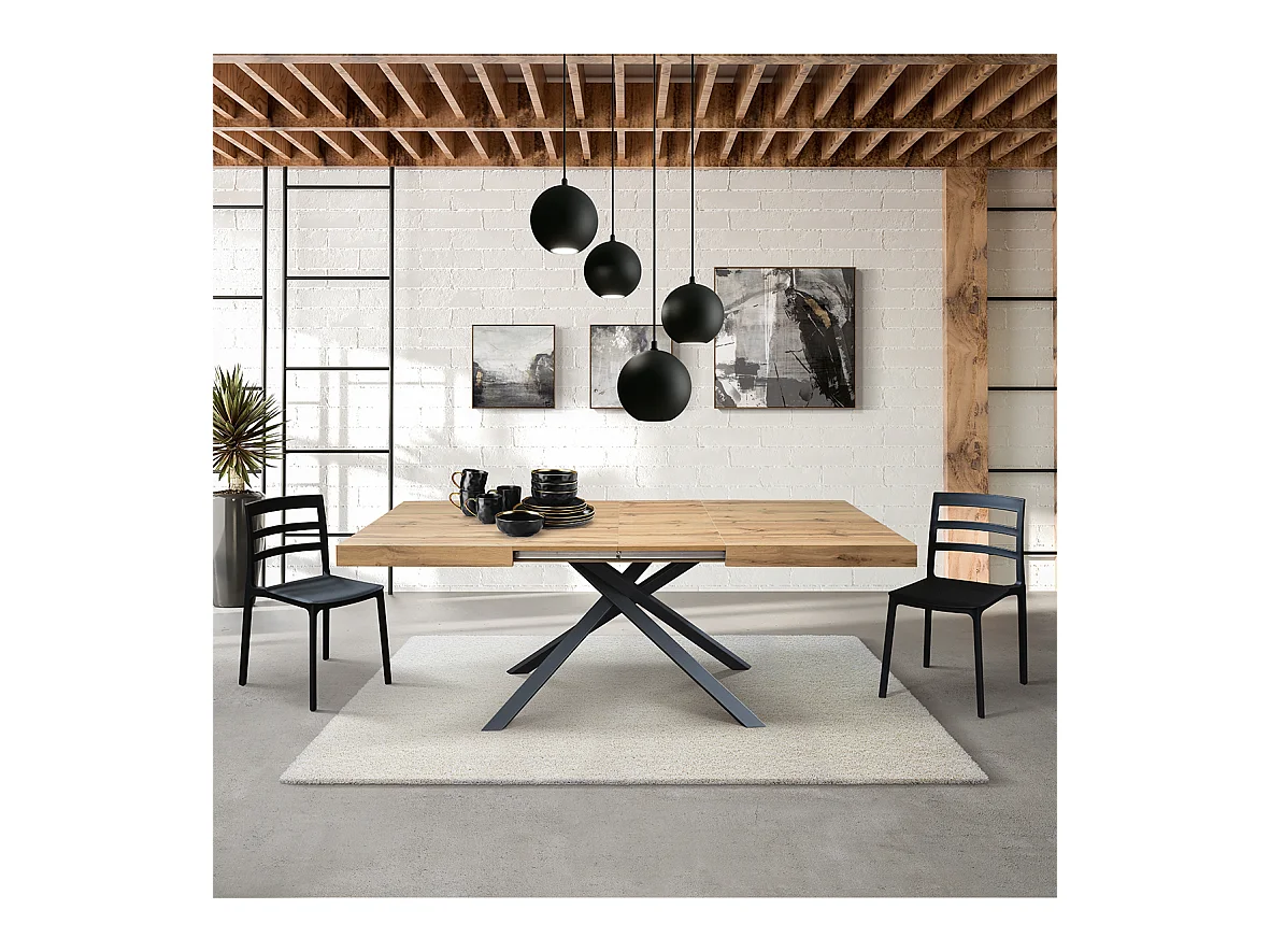 Table en bois, finition chêne, base anthracite, extensible 140x90 - FORTE DEI MARMI