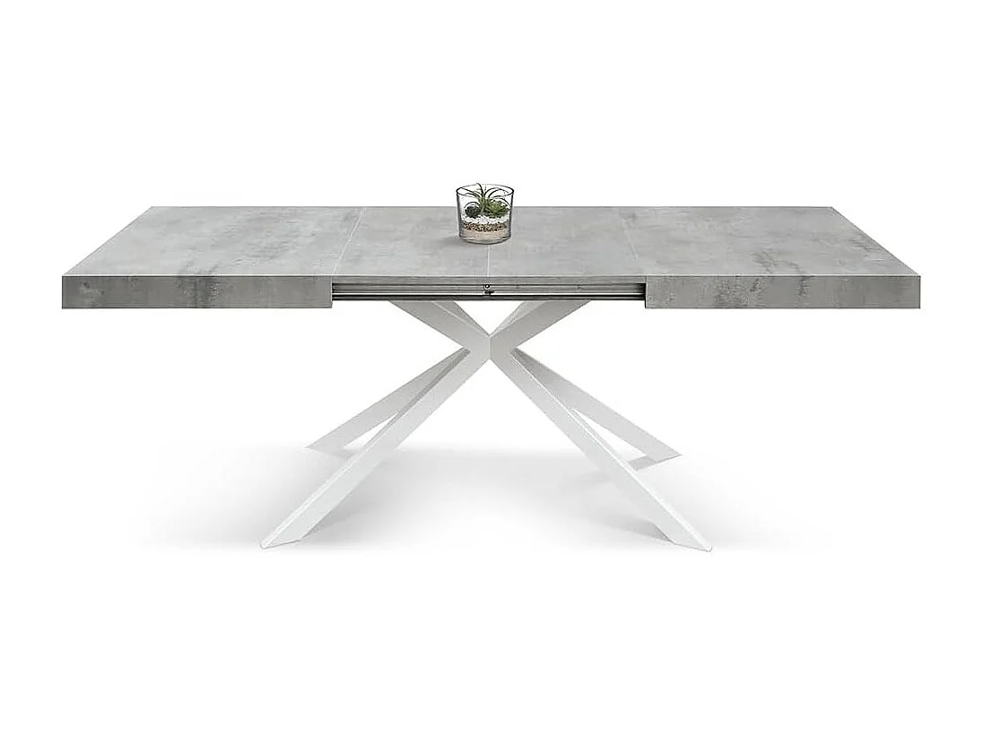 Houten tafel, afwerking cement, onderstel wit X, uitschuifbaar 140x90 - CAMAIORE