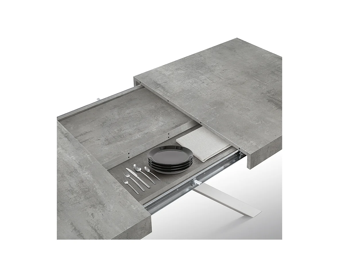 Houten tafel, cementgrijs afgewerkt, wit onderstel, uitschuifbaar 140x90 - FORTE DEI MARMI