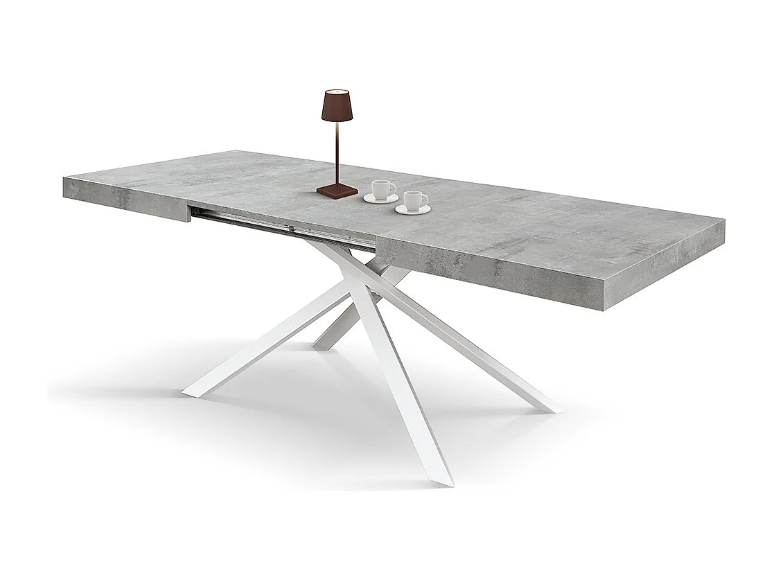 Table en bois, finition gris ciment, base blanche, extensible 140x90 - FORTE DEI MARMI