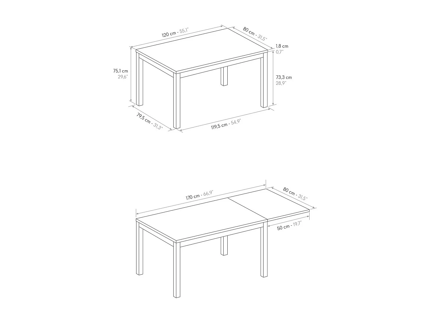 Houten tafel, essen wit, antraciet onderstel, ext.120x80-170x80cm - TROPEA