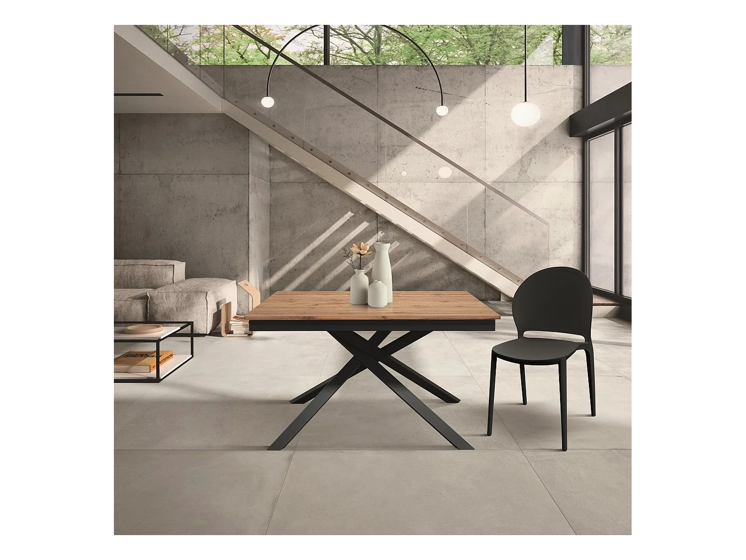 Holztisch, Eiche-Effekt, anthrazitfarbenes Gestell, 160x90-210x90cm - VOLPAIA