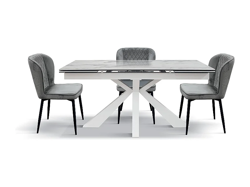 Mesa de vitrocerámica efecto mármol, metal blanco, extensible 160x90 - BEVERLY HILLS