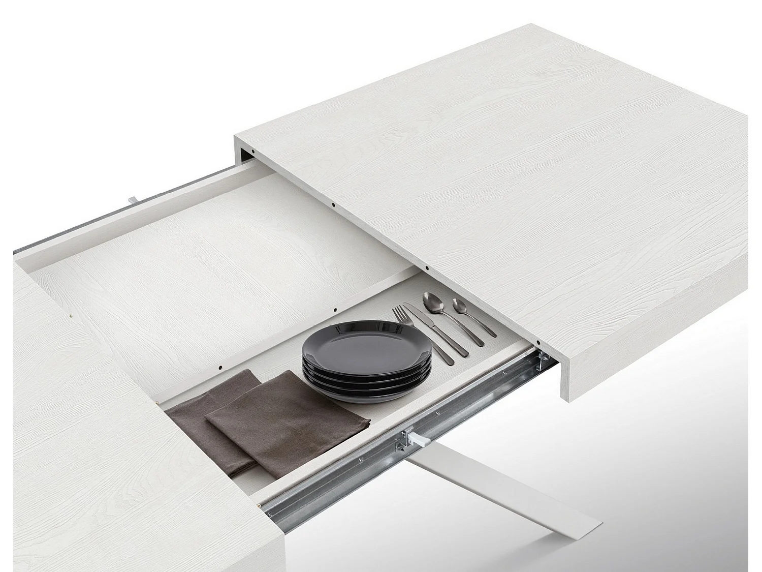 Table en frêne blanc, pieds en métal blanc 95x90-145x90cm - FORTE DEI MARMI