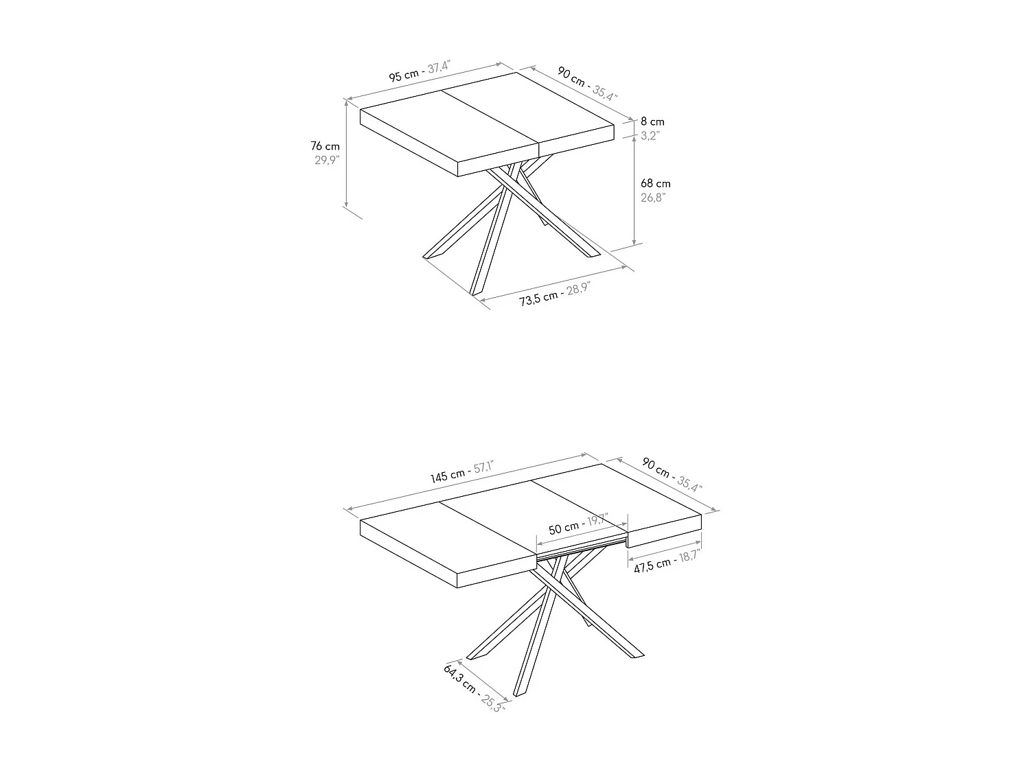 Table en frêne blanc, pieds en métal blanc 95x90-145x90cm - FORTE DEI MARMI