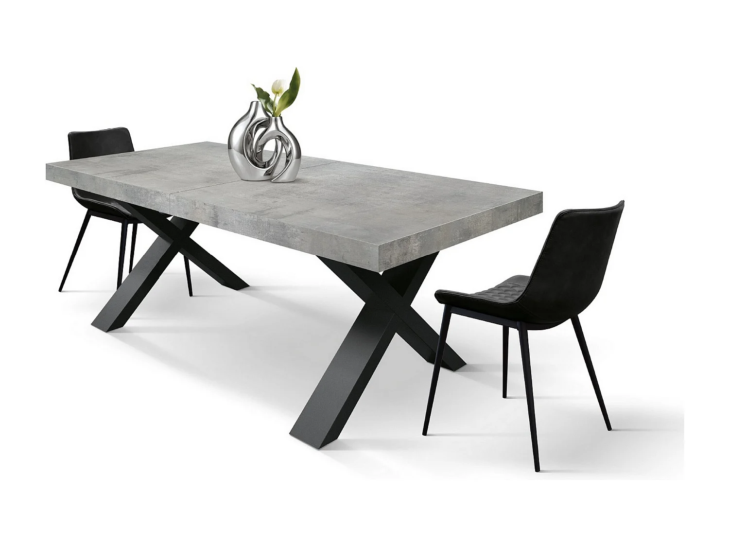 Table en bois gris ciment, pieds anthracite, ext.180x90-260x90cm - AMALFI