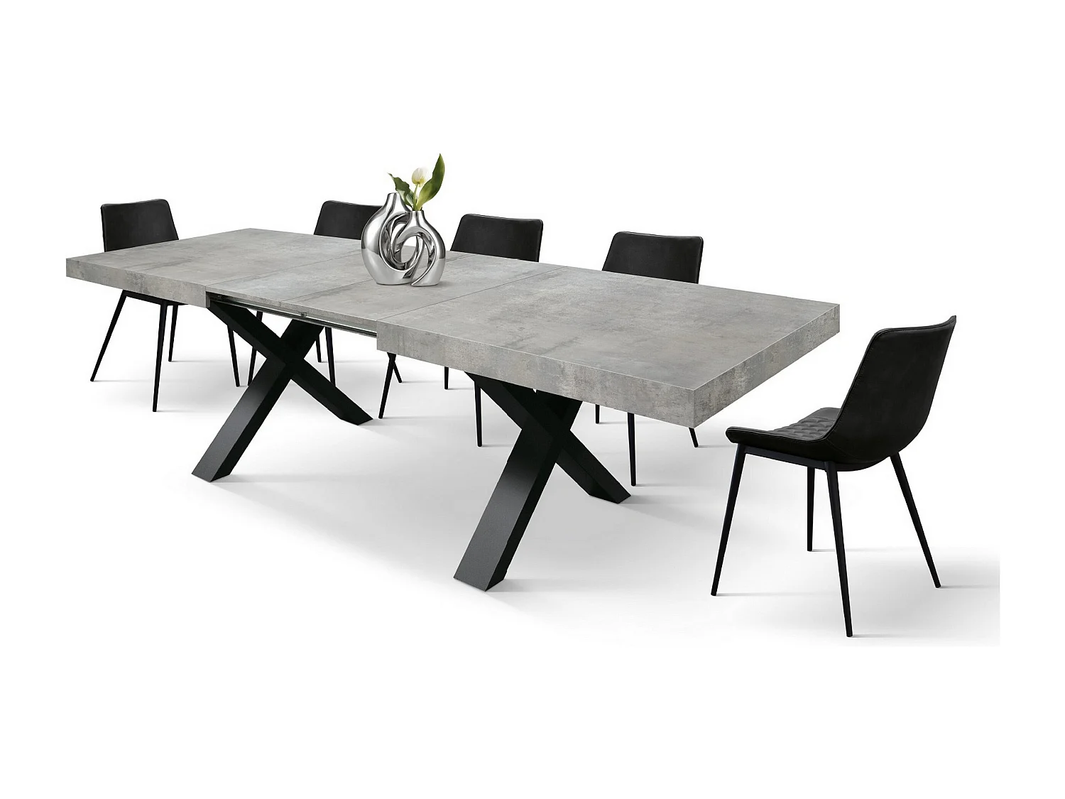 Table en bois gris ciment, pieds anthracite, ext.180x90-260x90cm - AMALFI