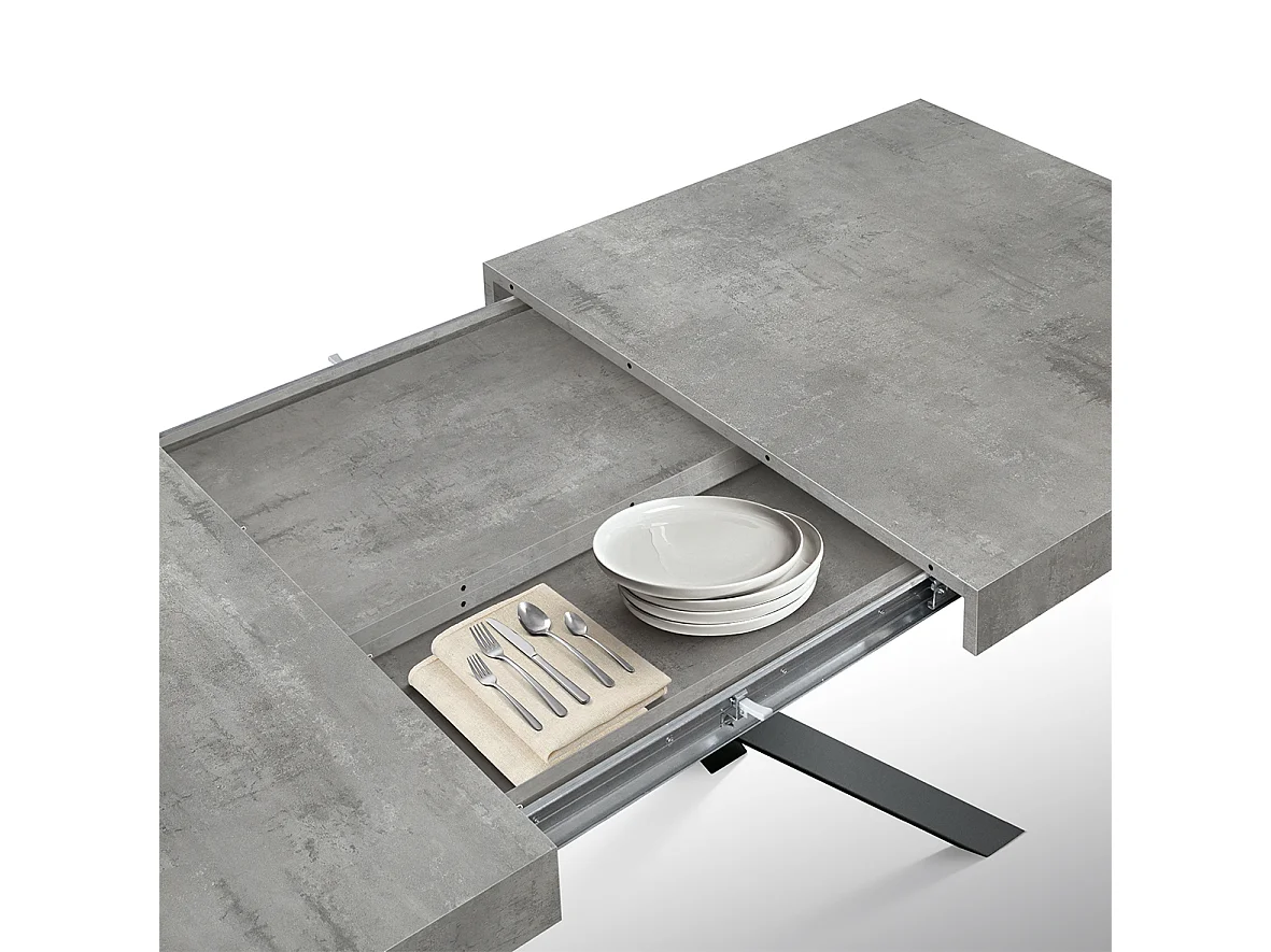 Tavolo legno, finitura  cemento,base X antracite, allungabile 160x90 - CAMAIORE
