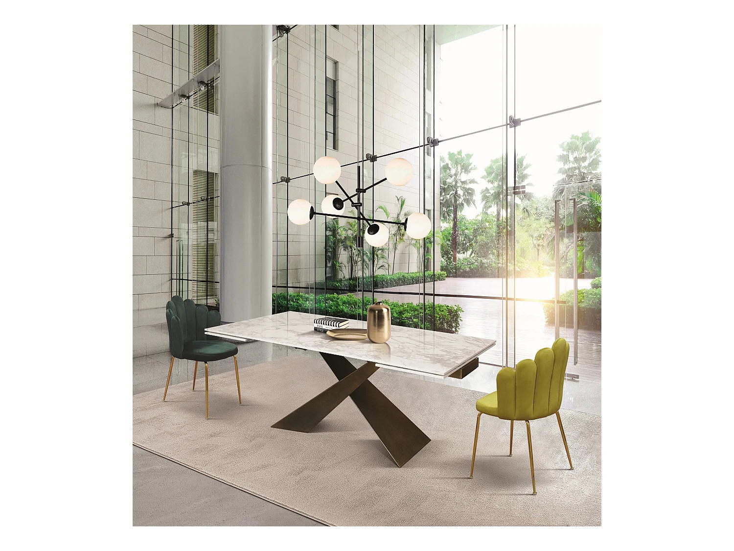 Mesa vitrocerâmica branca, pés em metal bronze 180x90-260x90cm - FIGARI