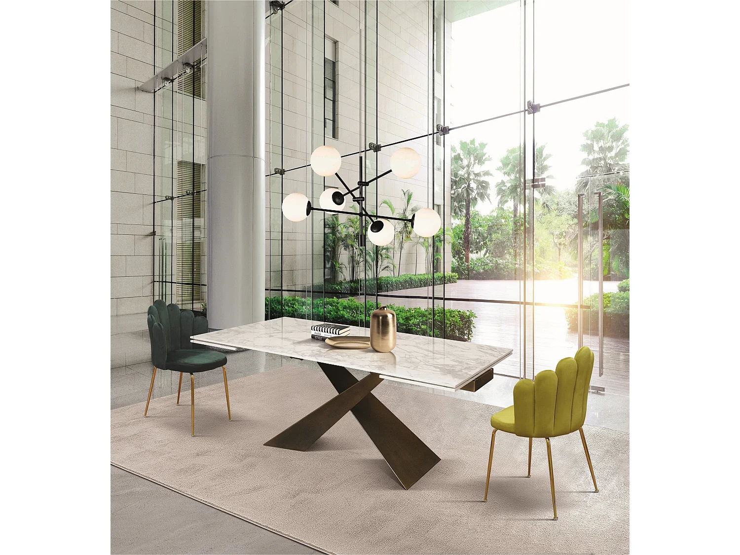 Table vitrocéramique blanche, pieds métal bronze 180x90-260x90cm - FIGARI