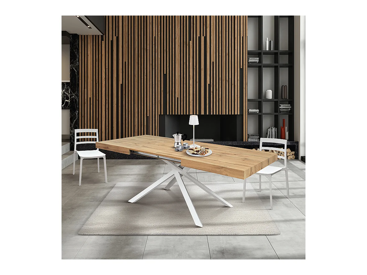 Mesa de madera, acabado roble, base blanca, extensible 140x90 - FORTE DEI MARMI