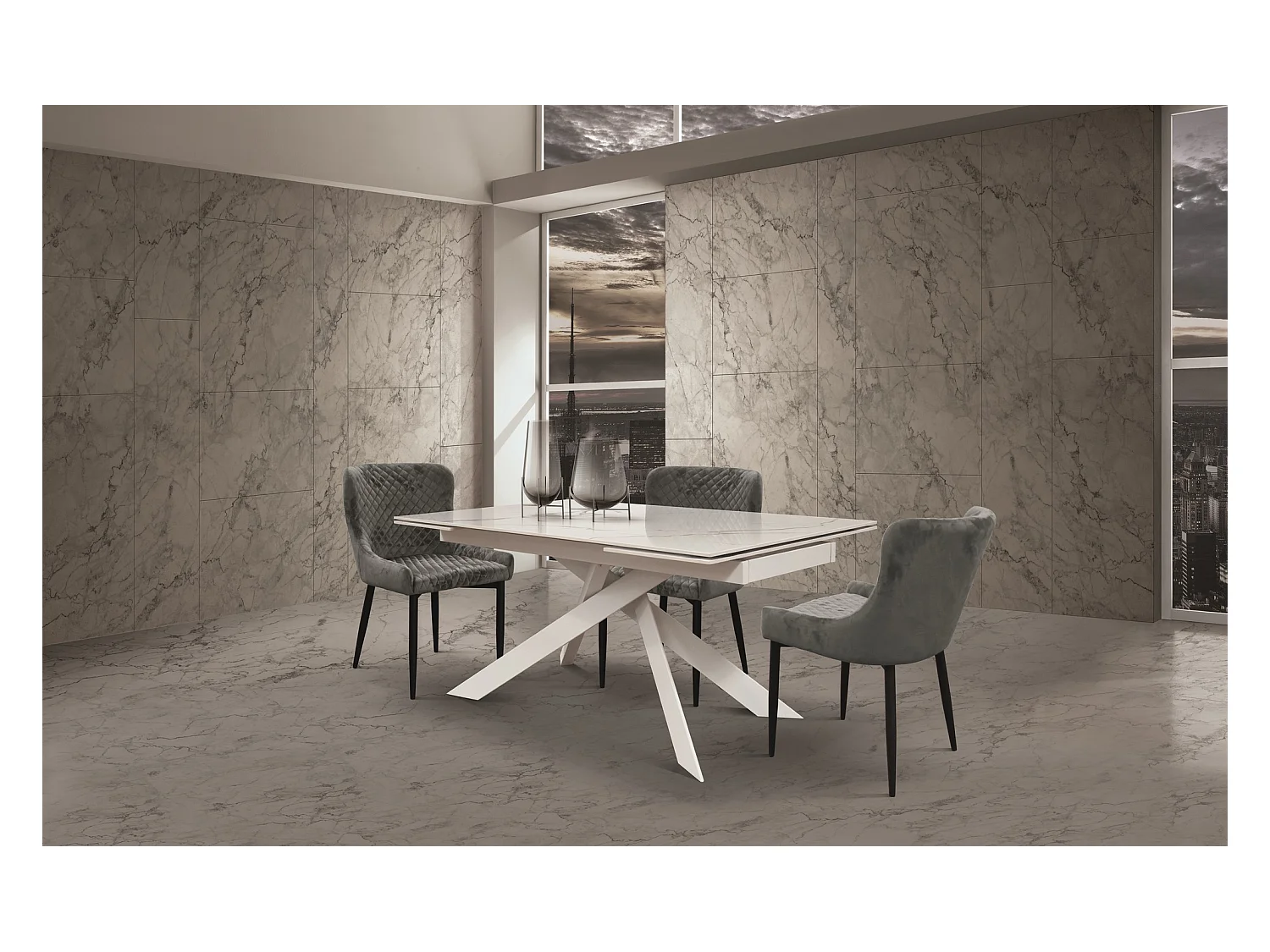 Glaskeramiktisch mit Marmoreffekt, weißes Metall, ausziehbar 160x90 - BEVERLY HILLS