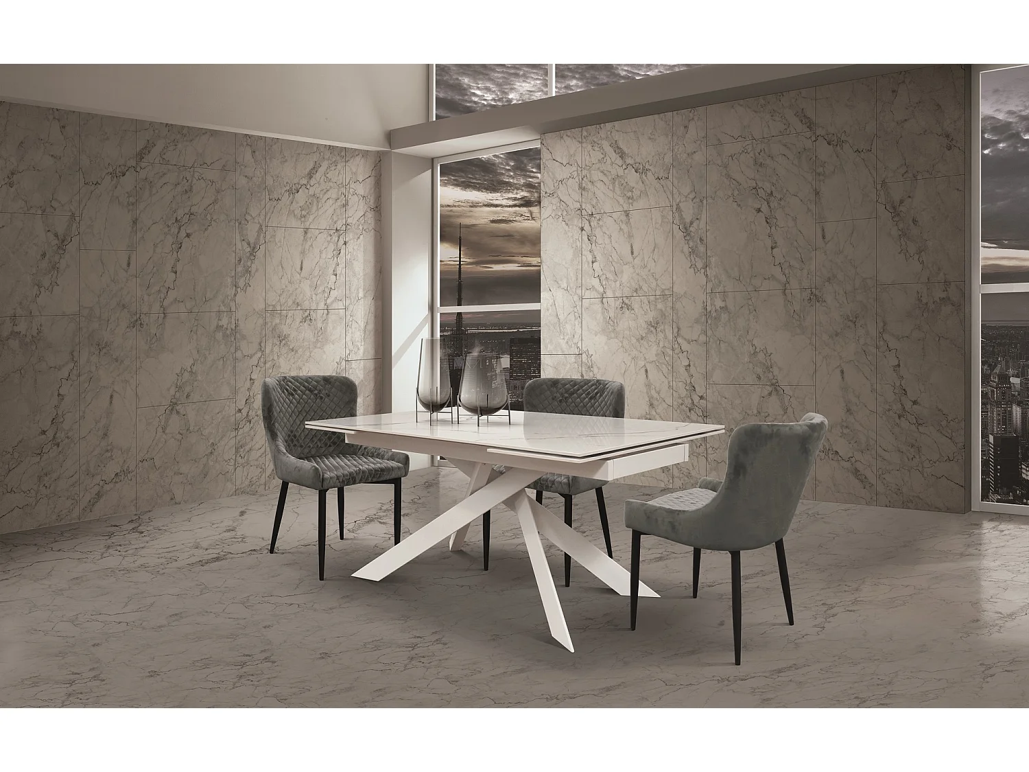 Mesa de vitrocerâmica com efeito mármore, metal branco, extensível 160x90 - BEVERLY HILLS