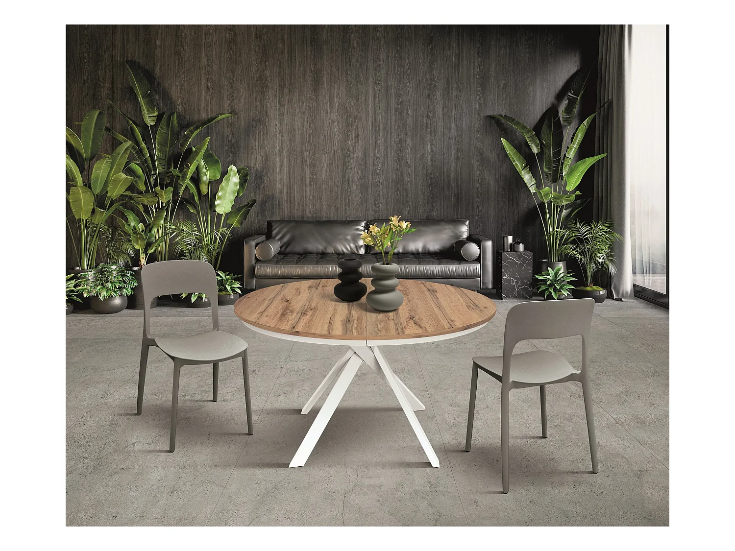 Table ronde en chêne rustique, pieds en métal blanc 120-170cm - PANTELLERIA