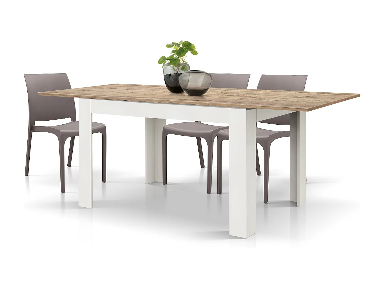 Table en bois, finition chêne, base blanche extensible 140×90-220×90cm - LIPARI