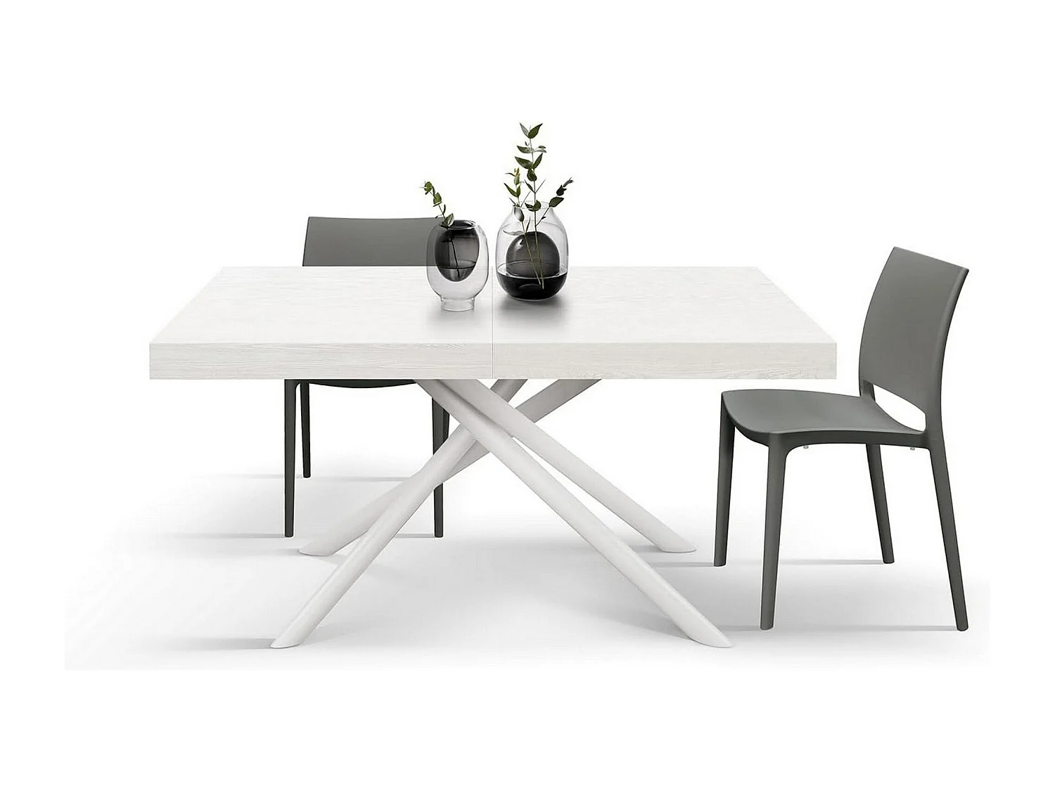 Table en bois, frêne blanc, base blanche, ext.140x90-220x90cm - CARRARA