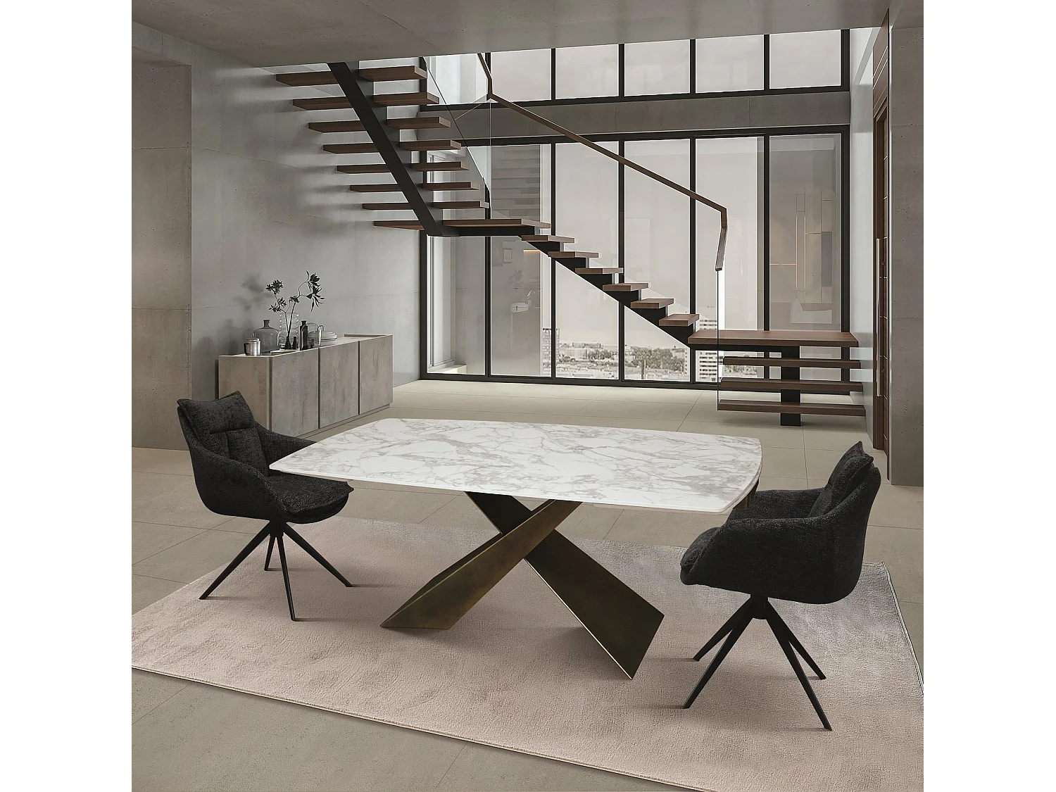 Table en vitrocéramique blanche, pieds en métal bronze 180x90-260x90cm - FIGARI