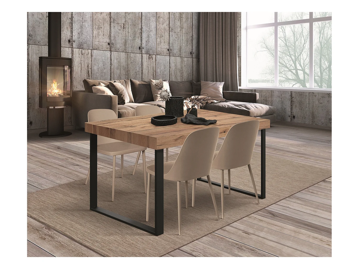 Holztisch in Eichenoptik, anthrazitfarbenes Gestell, 140×90-220×90cm lang - CINQUALE