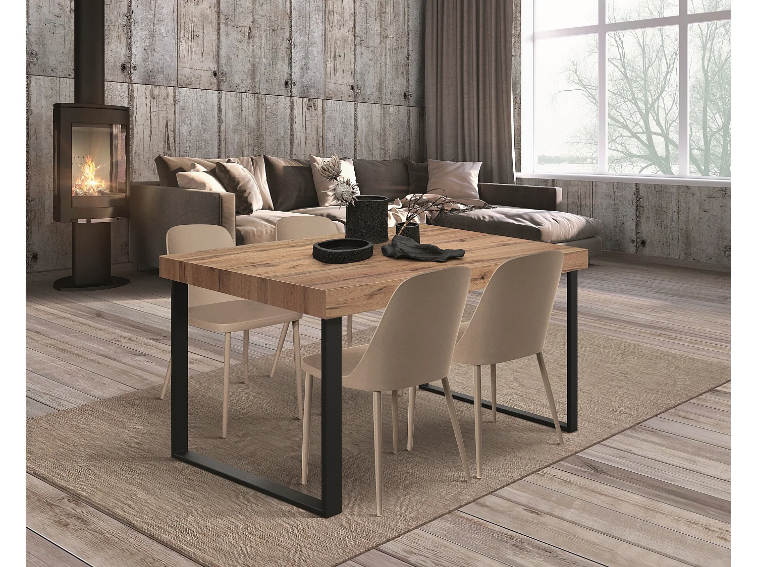 Table en bois effet chêne, base anthracite, 140×90-220×90cm de long - CINQUALE