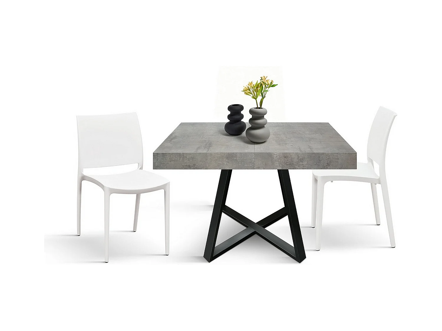 Table en bois,gris ciment,base anthracite,longueur 95x90-145x90cm - FORTE DEI MARMI