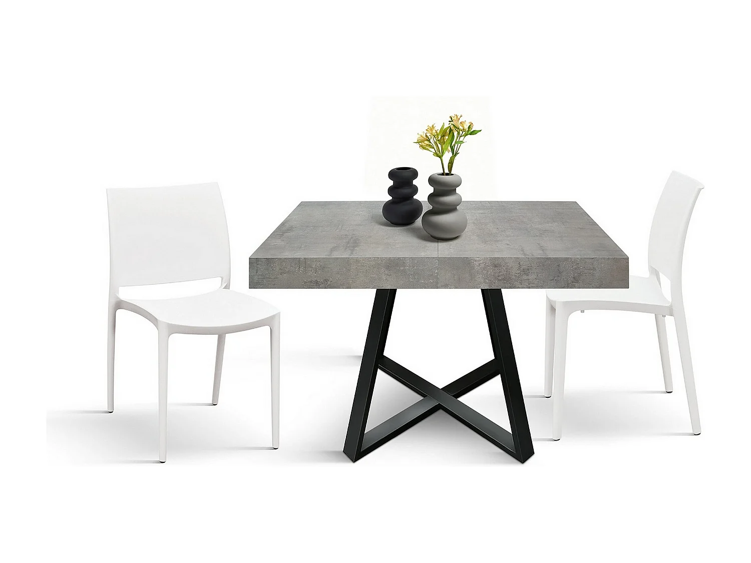 Drewniany stół, cementowo-szary, antracytowa podstawa, długość 95x90-145x90cm - FORTE DEI MARMI