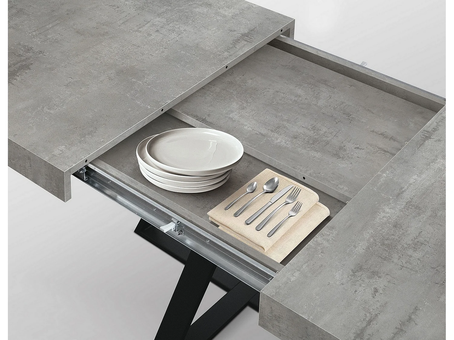 Drewniany stół, cementowo-szary, antracytowa podstawa, długość 95x90-145x90cm - FORTE DEI MARMI