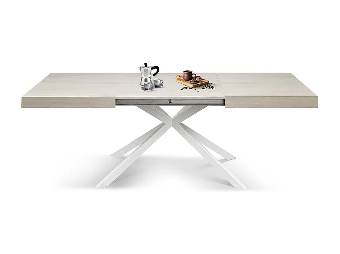 Table en bois, finition orme perlé, base X blanche, extensible 160x90 - CAMAIORE