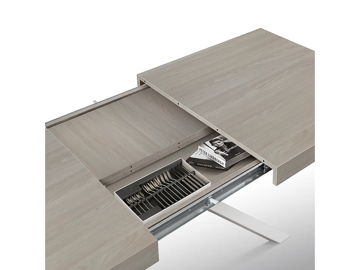 Table en bois, finition orme perlé, base X blanche, extensible 160x90 - CAMAIORE