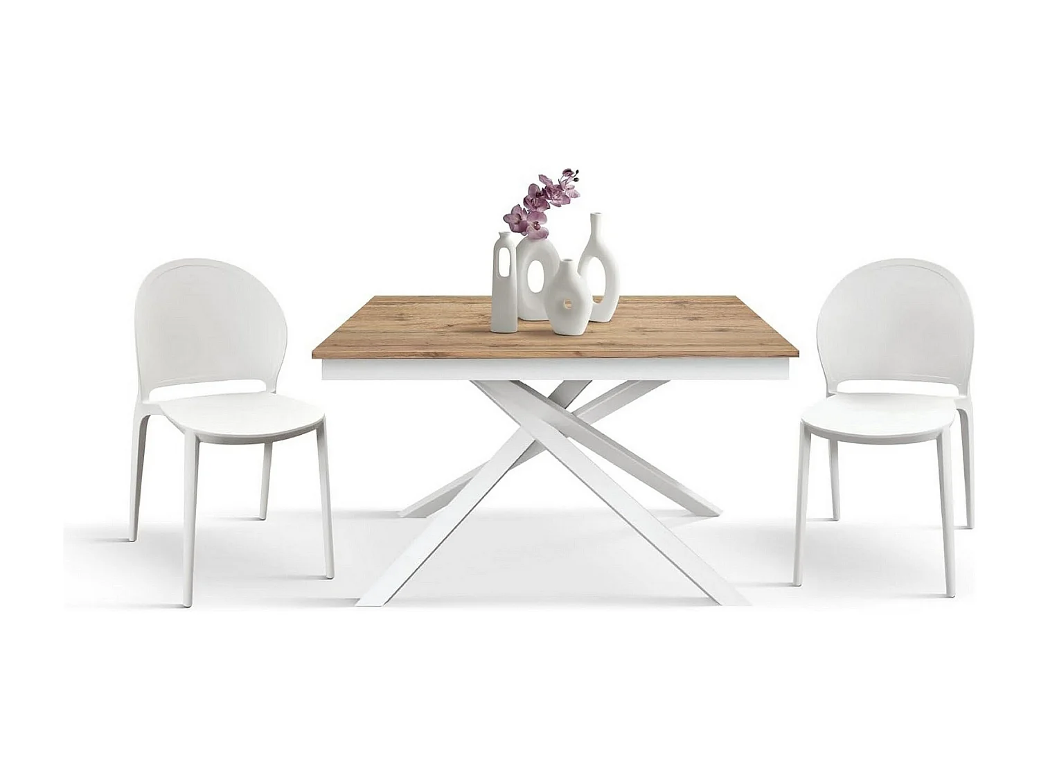 Holztisch, Eiche-Effekt, weiße Basis, 140x80-190x80cm - VOLPAIA