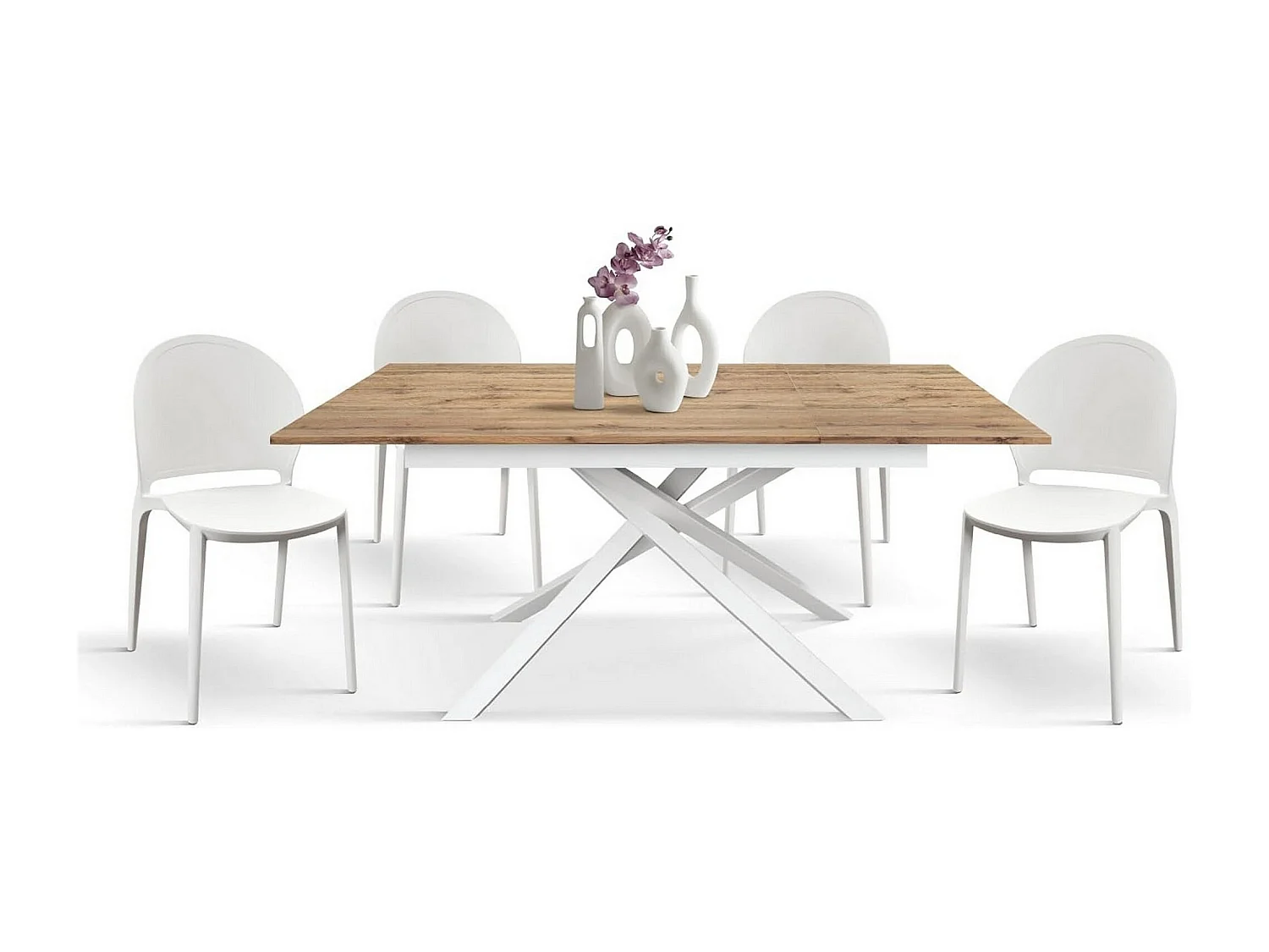 Holztisch, Eiche-Effekt, weiße Basis, 140x80-190x80cm - VOLPAIA