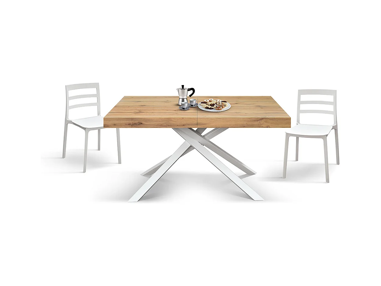 Table en bois, finition chêne, base blanche, extensible 160x90 - FORTE DEI MARMI