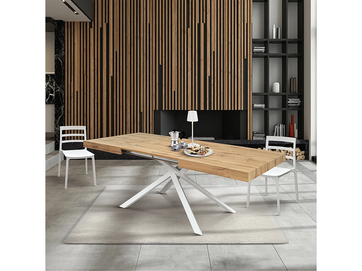 Table en bois, finition chêne, base blanche, extensible 160x90 - FORTE DEI MARMI