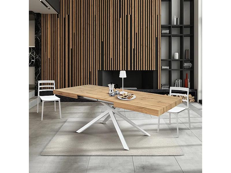 Mesa de madeira, acabamento em carvalho, base branca, extensível 160x90 - FORTE DEI MARMI