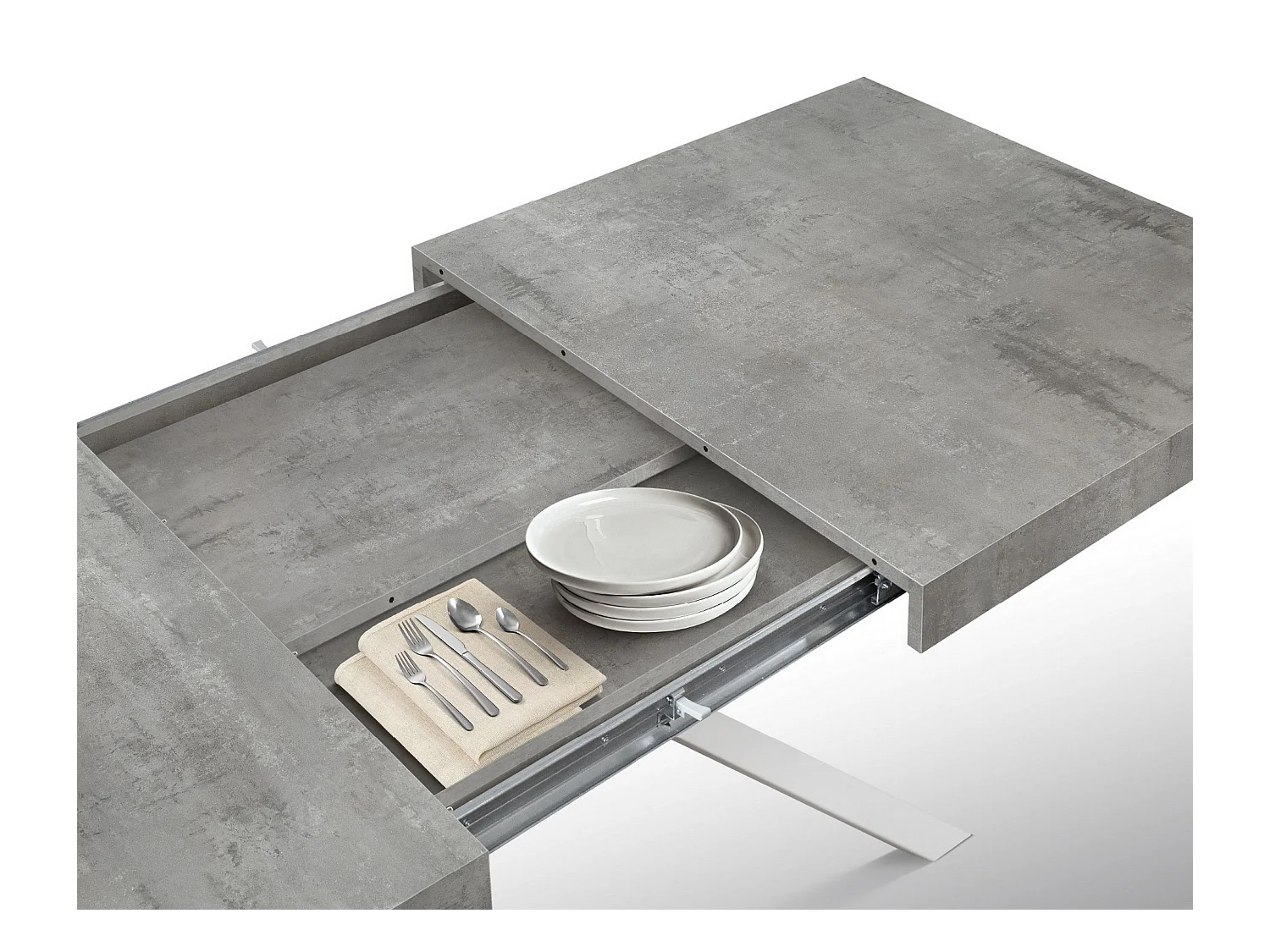 Cementgrijze houten tafel, witte metalen poten 95x90-145x90cm - FORTE DEI MARMI